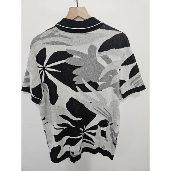 Express Mens Floral Knit Button Down Polo Shirt Black Grey Tropical Leaf Large - Picture 6 of 6